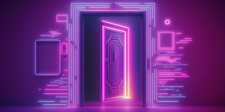 abstract entrance to the cosmos Conceptual background of a cyberpunk neon door. neon pink and violet. abstract hologram led laser door with neon shapes. a frame of neon light. Stylish graphic designの素材