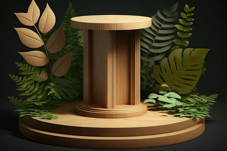 podium made of wood with foliage and shadows. Presentation platform made of realistic wood. little scene of the outdoors with a pedestal. cosmetic exhibit or ceremonyの素材