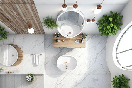 Top view of marble and wood wall bathroom with tiled floor French window white bathtub and double sink with round mirror. Vases. mockupの素材