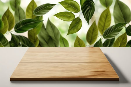 Wood table top against a background of leaves on a white wall. Key visual layout for montage product display or designの素材