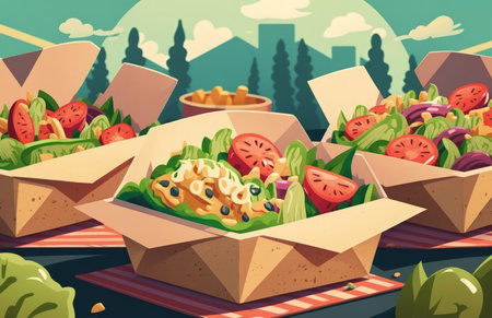 Street food festival catering service. Vegetable salads in kraft paper plates sold outdoors at local market place shallow depth of fieldの素材