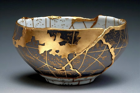 The Kintsugi bowl. The antique restoration method was used to repair gold cracks in old Japanese pottery. the particular charm of flawsの素材