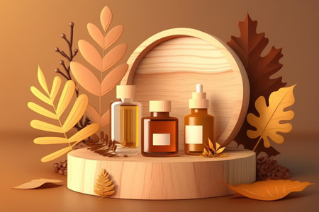 Wood display flat lie podium in the background with a natural brown backdrop and a dried leaf shadow. Autumn product presentation for cosmetics and beauty. timber platform with copy area for the studiの素材