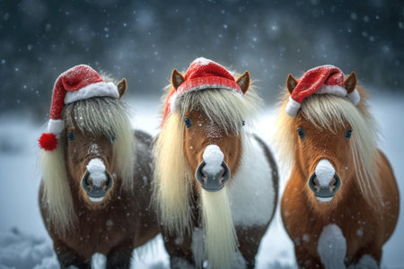 Three amusing little shetland ponies all out for Christmas On a field covered in snow in the winter Santa hats are lined up. Christmas petの素材