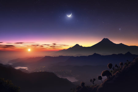This photo was captured on Bali (Indonesia) just before the sunrise from the peak of Mt. Batur (1717 m) with a view of Abang (2151 m). To the left from it is a dazzling Venusの素材