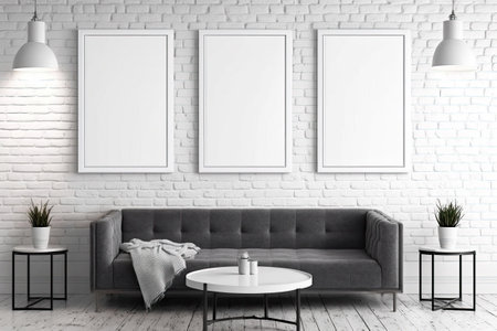 Three vertical blank posters on white brick wall in modern living room with clipping path around postersの素材
