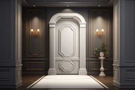 illustration entryway ballroom door entrance with pillar wall decor antique decoration empty room and carpet flooringの素材