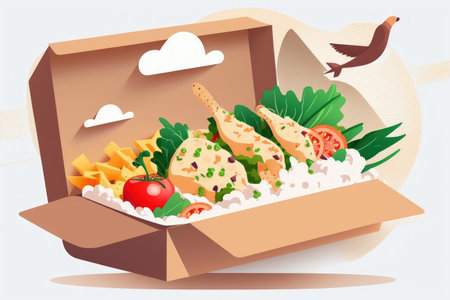 takeaway chicken salad with vegetables and cheese food delivery. preparing portions in containers. service food order online delivery in quarantine covid 19. airline food. airline meals and snacksの素材