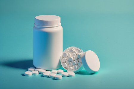 White tablets from a plastic medication bottle with copy space on a blue backdrop. Concept of medicine and healthの素材