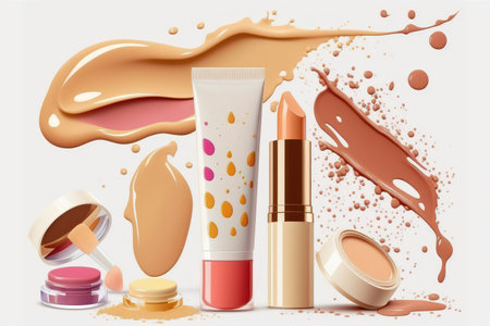 White Background with Isolated White Cosmetic Cream. Tear Shape Skin Tone CC Cream. lip gloss smear. Lipstick Smudge Swatches of cosmetic BB makeup Stroke with a Drop of Liquid Foundation. Grooming Suの素材