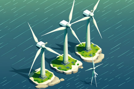 The wind turbines as seen from above. generation of environmentally friendly energy. eco field for wind farms. Green energy is produced by offshore and onshore windmills at seaの素材