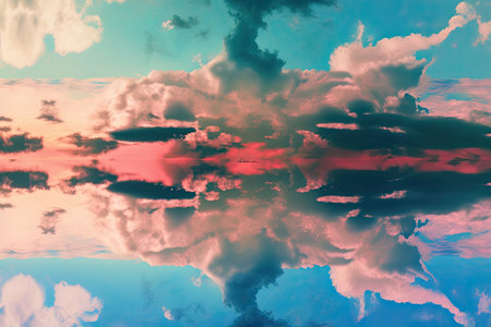 There was a beautiful sunset with a clear blue sky and pink clouds over the water. Water as a mirror a symmetrical reflection. Beautiful vistas in every direction. Beautiful scenery. Aesthetics of clの素材