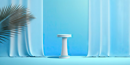 With a curtain and palm shadow on a blue background a white cylindrical podium stands on a pedestal. Presentation of a cosmetic product scene. vacant showcaseの素材