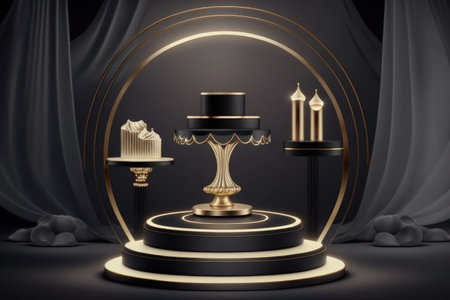 pedestal podium stand and light are all dark matte. Space for branded goods and products on display. Illustration of Glow Decor for Luxury Royal Ads. Mockup for a shower cosmetics advertisementの素材