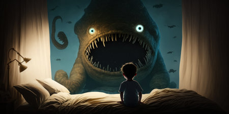 digital art style illustration painting of a boy on his bed facing a gigantic monster in a dark land in a nightmare conceptの素材