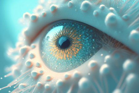 macro close up of a closed eye with snow or frost on the eyelashes in the wintertime against a light blue background. A soft romantic ethereal creative imageの素材