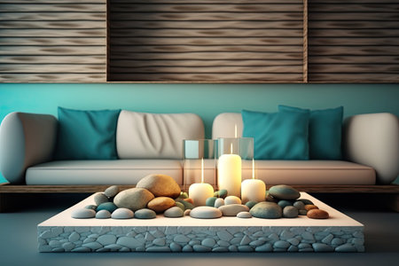 Wooden vintage tabletop or shelf with candles and pebbles zen vibe overcolored contemporary living room with swimming pool pastel hues sofa white architectural interior design illustrationの素材
