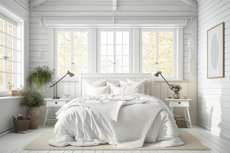 White-hued wooden rustic bedroom. blanketed mater bed Parquet flooring carpeting decorations and windows with shutters; ceiling with beams. Mockup of a frame Interior decorating drawingの素材