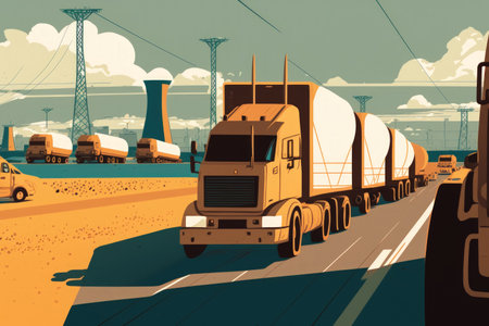 a backlogged Ukrainian port with a long line of trucks carrying grain crops. Humanitarian crisis brought on by the conflictの素材