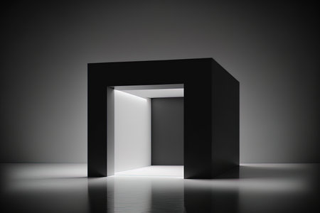 minimalistic abstract luxury architecture background. a modern showroom. present day dark exhibition tunnel. Vacant gallery Table stand. backlighting inside. andの素材