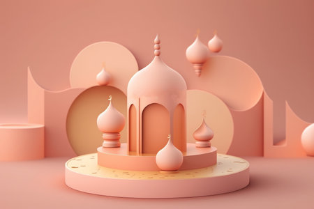 product backgrounds for illustrations minimal podium pedestal in a soothing coral hue. Background of Ramadan Kareemの素材