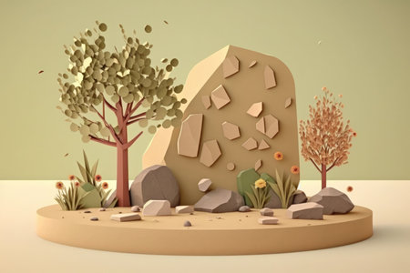 empty podium construction tree stone dried flowers. Presentation of the product. green and beige background. beautiful natural materials used for the backgroundの素材