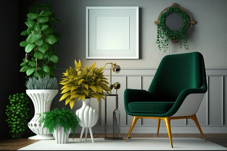 living room with design armchair wooden retro toilet flower vase macrame abstract background walls and excellent accents. modern decor. Templateの素材