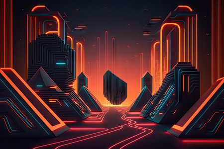 neon filled futuristic backdrop. Future internet concept high tech lines studio product. illustrationの素材