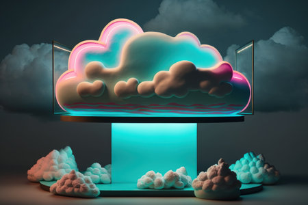 Displaying products over a backdrop of lovely clouds and neon lights in a natural beauty pedestal. Beautiful sight of the seaの素材