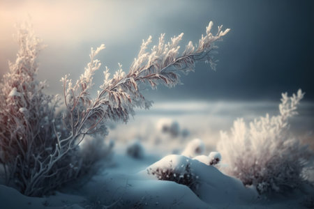 Landscape in winter with dried vegetation covered with frost and precipitation. Christmas in winter backgroundの素材