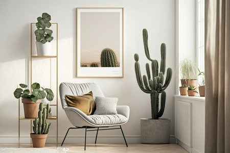 Brown chairs white walls with empty picture frames wooden floors potted cacti and window light are living room decorating ideasの素材