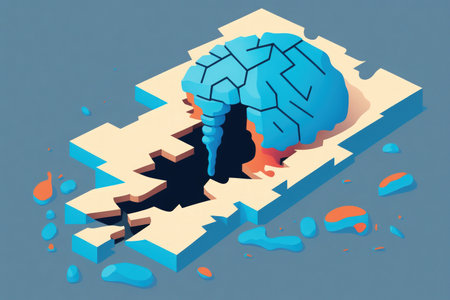 A blue human brain falls into a floor hole in a simple scene. abstract notion in the context of artificial intelligence and current diagnosticsの素材