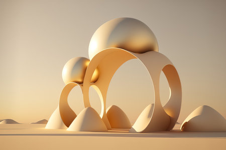 Abstract architectural building with soaring golden balls and arches over a sandy beach and sky backdrop. Modern minimalist imagery for product advertisingの素材
