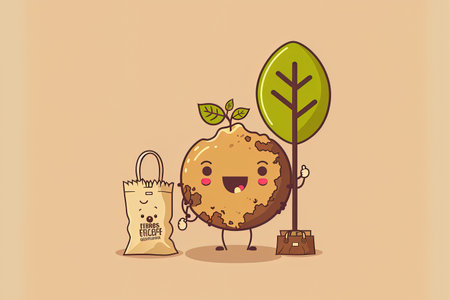 Cartoon earth holding a tree seedling and a recycling bag from the past. Illustration of a recycling or environmentally friendly notion. Retro cartoon figure with a simple design for a poster or banneの素材