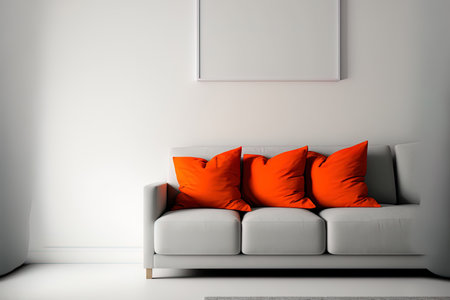 A comfortable couch and an orange and red pillow may be found inside a roomy living room. A actual photo with copy space is displayed on a blank white wallの素材