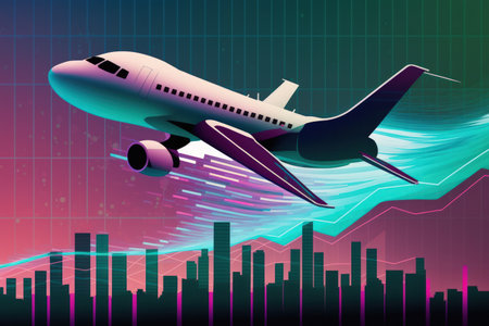 A digital illustration of a taking off jet with statistics and data processing overlayed over a cityscape in the background. During the coronavirus Covid 19 epidemic there was international trade andの素材