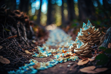 Close up of a trail through the forest complete with cones and roots. To look up at a natural scene from a low vantage point. Blank natural background with a blurred effect. Establish a shallow depthの素材