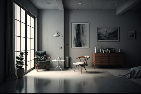 A gloomy corner of a living room with a blank white poster a panoramic window a coffee table an armchair a wardrobe some dishes some books a grey wall and a concrete floor. Understated style.の素材