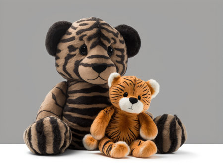 Doll with a tiger plush on a white background with shadow reflection. Bright brown puppy toy that is fun. Soft plush puppet against a white background. a soft toy for kids. adorable fluffy toy for chの素材
