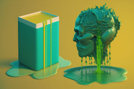 Future scene artificial intelligence and a man robot with a blue water head and a yellow water brain copy on a green water backgroundの素材