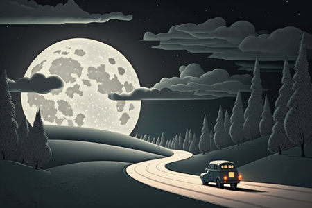 Moon with clouds in the night sky. Car highway lit lanterns. Landscape photographed in the winter in Russiaの素材