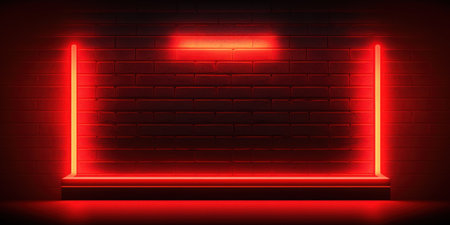 Future looking aesthetics with red neon lines. Fire in a glowing neon futuristic style against a background of a dark brick wall. Background or horizontal wallpaper. A chic advertisement flyer with viの素材