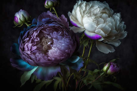 Downcast blossoms. Purple peony roses against a dark backdrop. Dispersion and focus shifts. Subdued photograph Magnificent Blossom Close up. Make room for a copyの素材