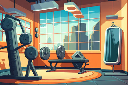 Gym equipment and weights of fitness background for exercise training or heavy workout for strength building and wellness. Empty health club of interior space and machines or tools for exercisingの素材