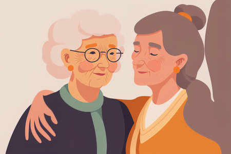 Happy adult daughter and aging mother embrace while sharing a loving moment. Young lady cuddling her grandmother in a portrait. familial connection that is cordial. flat cartoon drawing on a whの素材