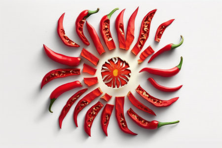 Detailed top view Sliced red chili pepper on a white background representing a raw culinary ingredientの素材