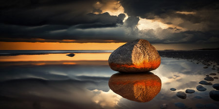 A rock on water in a beach in acre with beautiful reflection clouds orange sky focus on rock blur shallow depth of fieldの素材