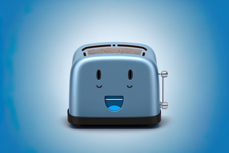 Isolated blue background with a silver toaster holding a toasts icon. Conceptual illustration of minimalismの素材