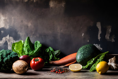 Fish fruit vegetables seeds superfoods cereals and leafy vegetables with a backdrop image of an old kitchen table are examples of clean eating foods. meal that is good for humans. backdrop featuの素材