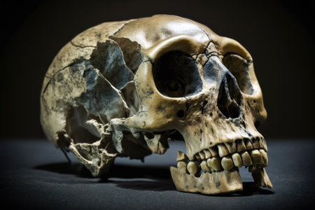 Skull of a monkey the mumps. Skull and animal bones strewn across the floor. Sickness and death among animals. Fanged predatory animal skullの素材